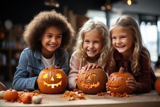 Preparación para Halloween Felices niños sonrientes tallan tradicional calabaza jackolantern AI generado