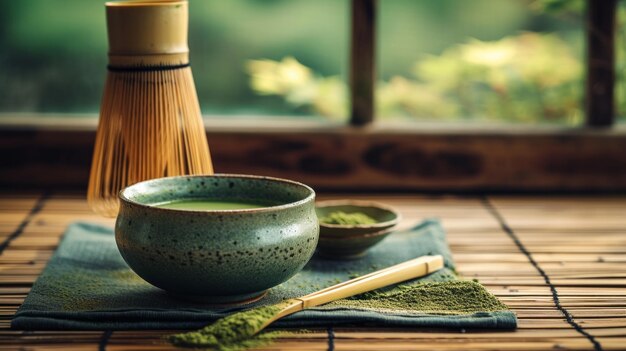 Una preparación japonesa de té matcha que muestra un cuenco de té verde vibrante y un batidor de bambú