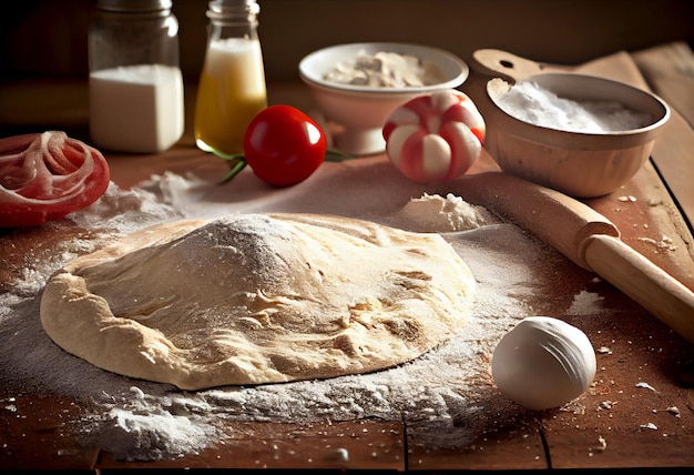 Preparación de masa cruda o pizza con ingredientes servidos en una mesa rústica de madera Generada por IA