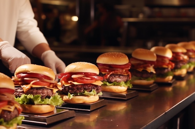 Preparación de pedidos de comida rápida chef hamburguesas cocción de carne bistec comida restaurante empleados de servicio interior