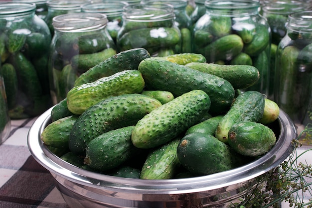 Preparación de pepinos para encurtidos caseros.