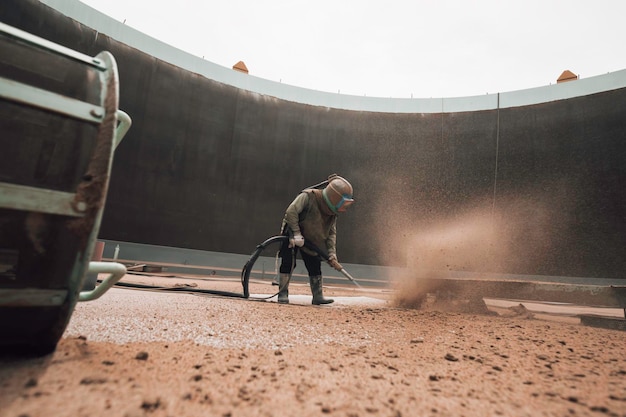 Preparación de la placa de corrosión de la superficie del trabajador masculino mediante el rebote con chorro de arena de la plataforma superior del tanque
