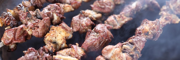 Preparación de shish kebab bbq primer plano de pinzas de carne en picnic de barbacoa en fuego abierto
