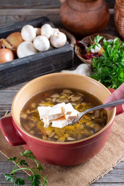 Preparación sopa de queso con champiñones, papas y zanahorias. Paso a paso