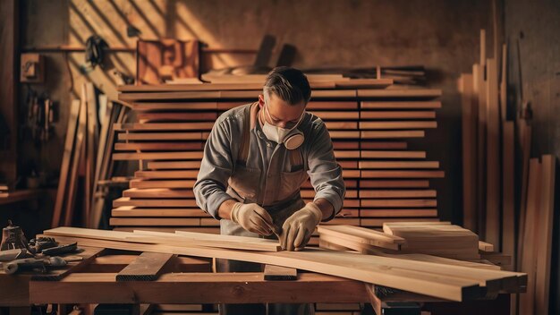 Foto preparación de tablas de madera por carpintero