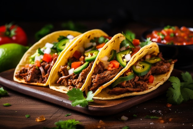 Preparación de tacos mexicanos con carne y verduras