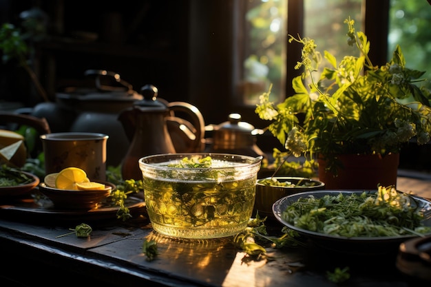 Preparación del té Hierbas frescas exudan aromas en una acogedora cocina generativa IA