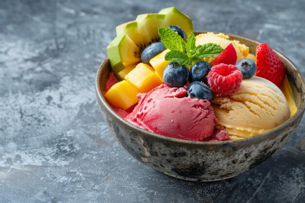 Foto preparación en verano de gelato italiano tradicional con vibrantes sabores de frutas