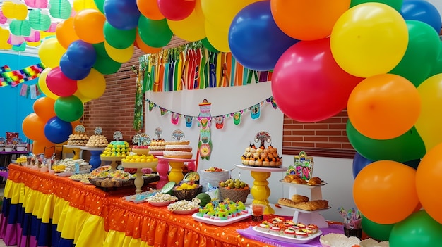 Preparada mesa de cumpleaños con dulces para la fiesta de niños