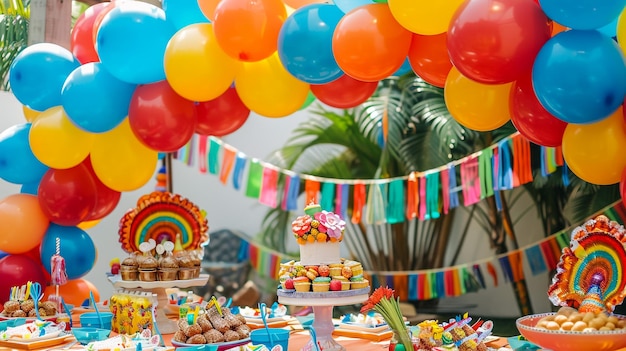 Preparada mesa de cumpleaños con dulces para la fiesta de niños