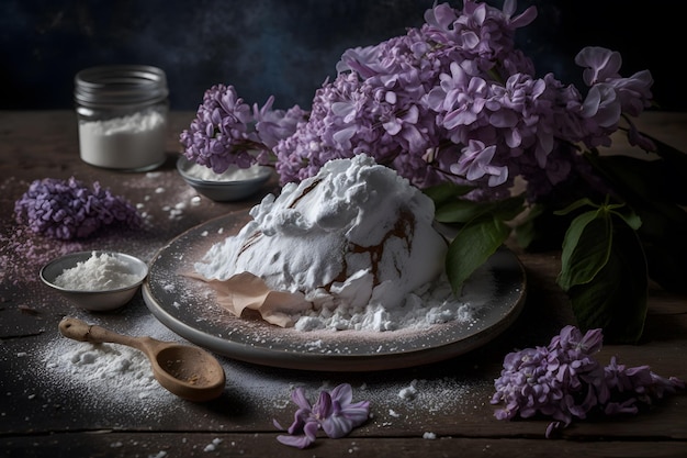 Preparado para flor lila frita con azúcar glass. fotografía de postres dulces