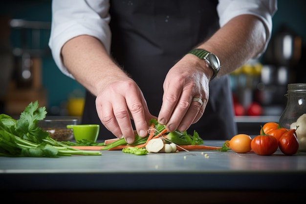 Preparado a mitad de tiro con las manos en capas de verduras