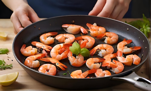 Foto preparando los camarones en la sartén