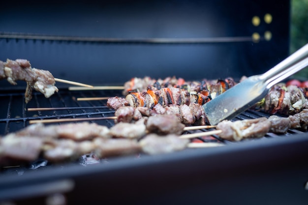 Preparando delicioso churrasco com diferentes carnes e legumes