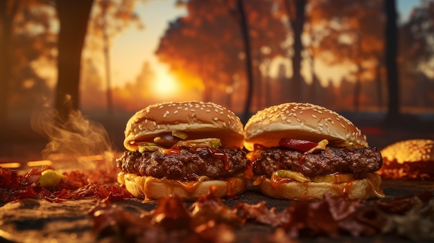 Foto preparando una hamburguesa en el parque en una parrilla de barbacoa