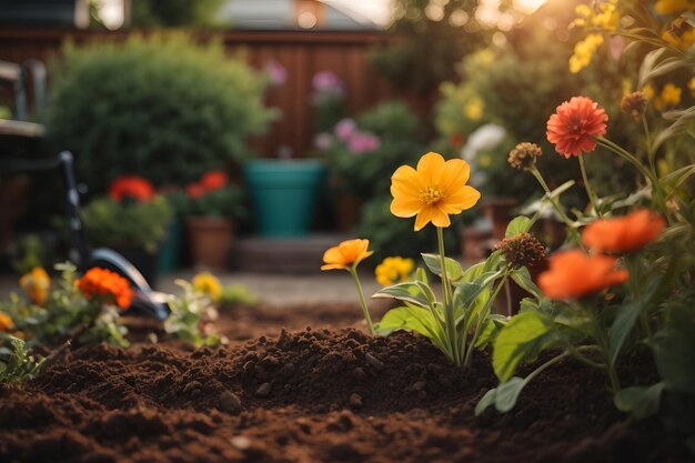 Foto preparando o solo para plantar plantas de jardim closeup de pá em leito de flores em uma noite de verão ensolarado