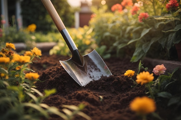 preparando o solo para plantar plantas de jardim closeup de pá em leito de flores em uma noite de verão ensolarado