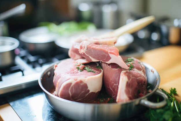 Preparando el osso buco con una pierna de ternera atada en el foco