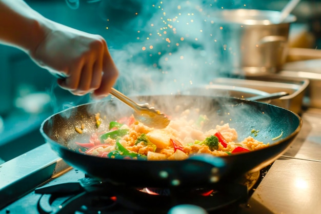 Preparando el ramen japonés en la cocina