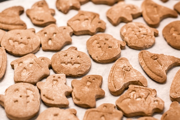 Preparándose para celebrar halloween y preparando una golosina. Galletas de jengibre al horno de Halloween en una bandeja para hornear. Estilo de vida