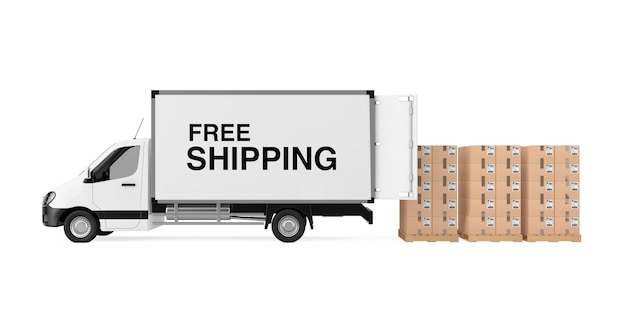 Preparar el concepto de envío. Camión Van de entrega de carga industrial comercial blanco con signo de envío gratis cerca de la pila de cajas de cartón en la plataforma sobre un fondo blanco. Representación 3D