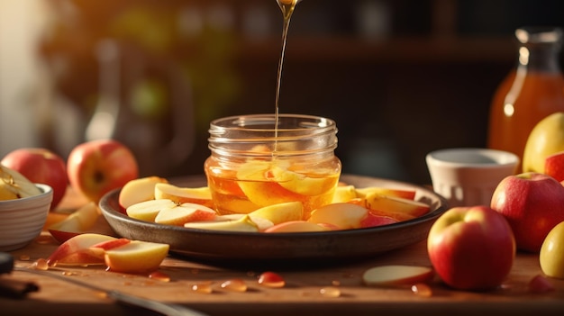 Preparar postre de manzana enlatado o bebida de frutas en compota Se vierte jarabe de azúcar o miel en un frasco de vidrio