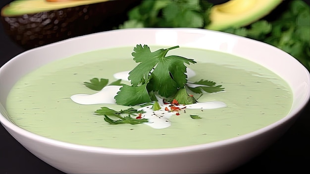 Prepárate para refrescarte con esta deliciosa sopa fría de aguacate con cilantro que no solo es refrescante sino que también está repleta de grasas saludables y nutrientes Generada por IA