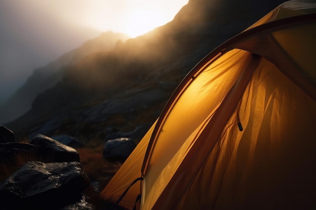 Prepare-se para uma aventura épica com esta vista da montanha e uma tenda montada em primeiro plano