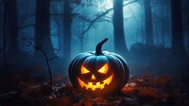 Prepare-se para uma experiência assustadora de Halloween com uma abóbora assustadora em uma floresta assombrada