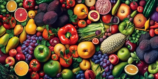 Prepárese para una explosión de sabor con esta vibrante imagen de coloridas frutas y verduras Generative ai