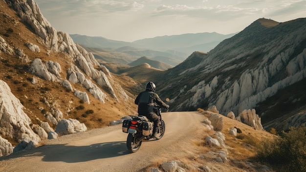 Prepárese para un viaje en motocicleta inolvidable a través de caminos sinuosos que serpentean a través de paisajes impresionantes y pintorescos Generado por IA