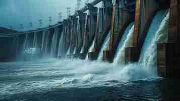 Foto una presa hidroeléctrica con agua que fluye a través de turbinas que ilustra la producción de energía renovable