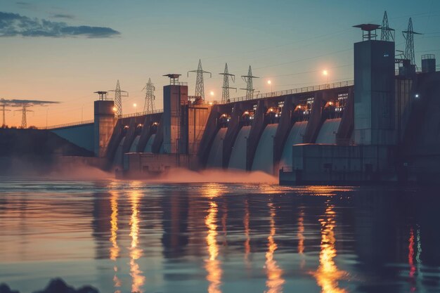 Una presa hidroeléctrica al atardecer la cálida y suave luz que se refleja en el agua simboliza la generación de energía limpia y renovable