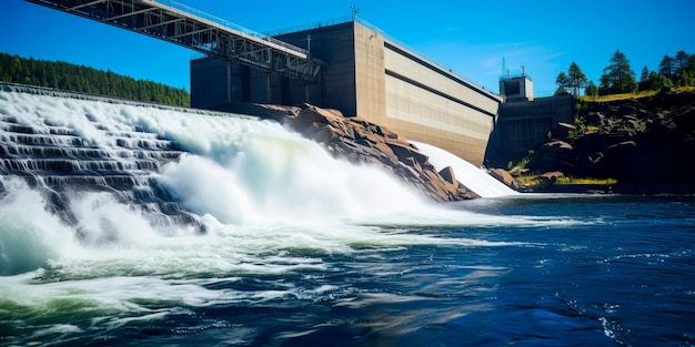 presa hidroeléctrica que genera energía verde a partir de agua corriente con una cascada en el fondo