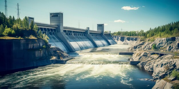 Presa hidroeléctrica que genera energía verde a partir del flujo de agua con una cascada en el fondo