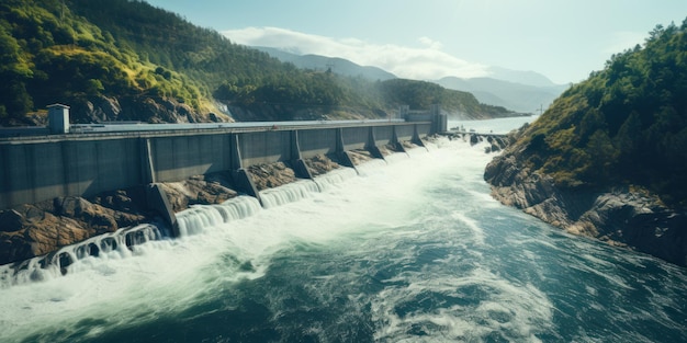 Presa hidroeléctrica en un río en las montañas vista aérea