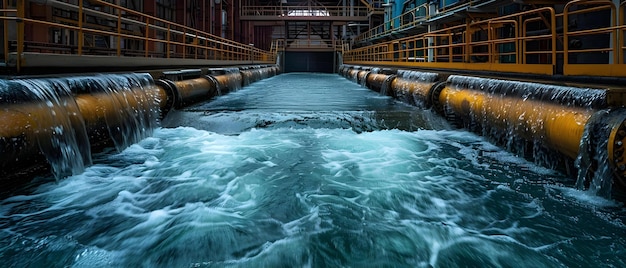 Una presa libera agua limpia mientras que una planta industrial purifica las aguas residuales Concepto Purificación del agua Planta industrial de agua limpia presa Gestión de aguas residuales