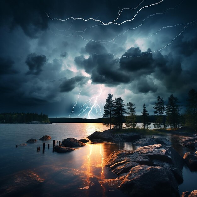 Los presagios de una tormenta aparecen sobre el lago mientras los relámpagos iluminan el cielo