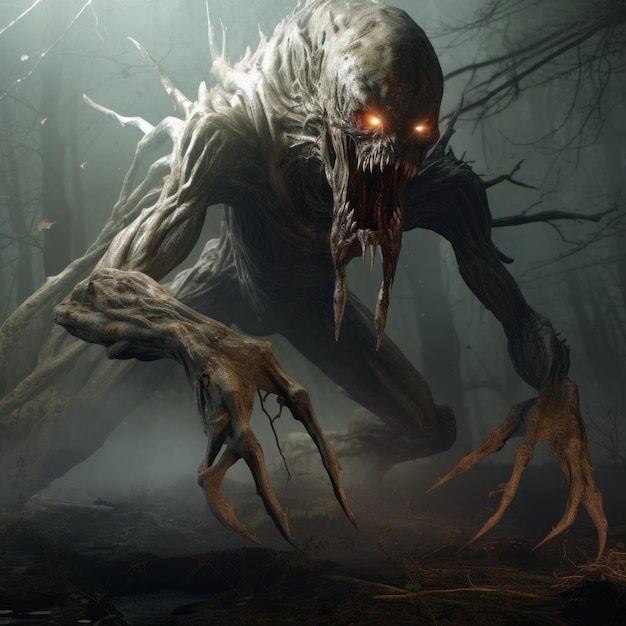 Presença ameaçadora Uma criatura de pesadelo aterrorizante na floresta