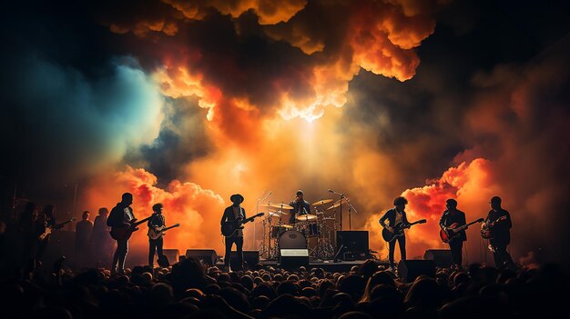 Presença vibrante no palco Banda de Rock banhada em luzes coloridas