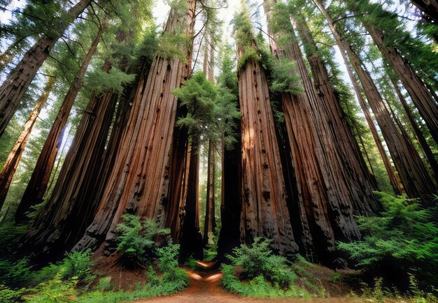 Foto la presencia altísima de los antiguos árboles de sequoias en un denso bosque paisaje papel tapiz