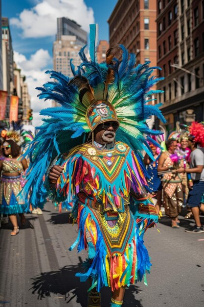 Presencia dominante de un hombre en un majestuoso disfraz de plumas liderando un dinámico desfile callejero bajo un cielo despejado