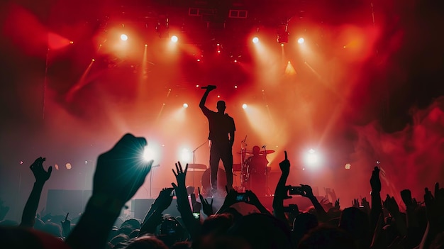 Presencia en el escenario Artista que llama la atención en una plataforma de concierto brillantemente iluminada rodeada de fans adoradores