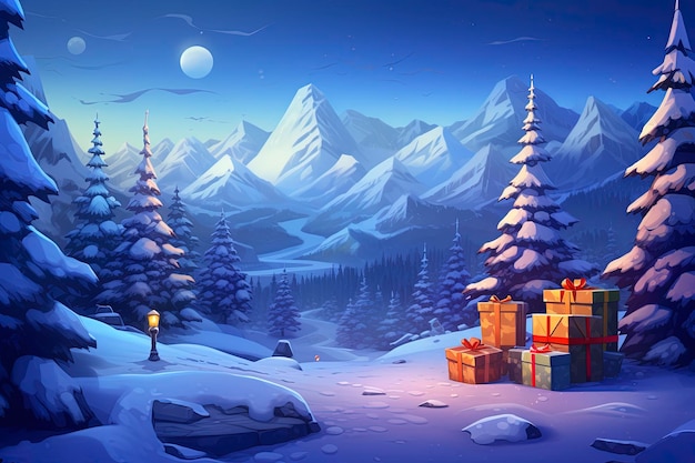 Presenta un árbol de Navidad brillante por la noche en la nieve al estilo del arte de un juego en 2D.