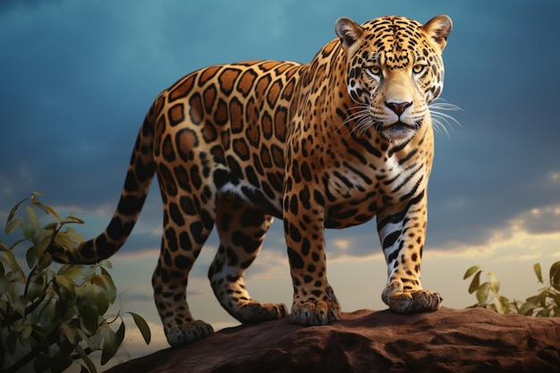 Se presenta una ilustración de un jaguar en una pose imponente con un fondo