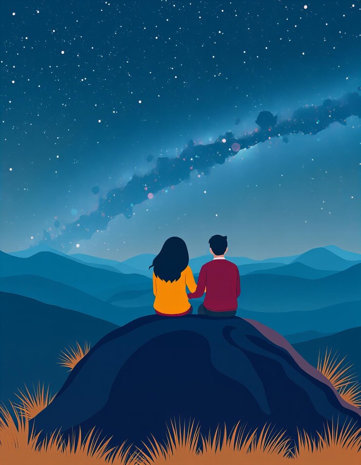 Presenta una pareja sentada en la cima de una montaña observando el cielo nocturno con la Vía Láctea visible en el