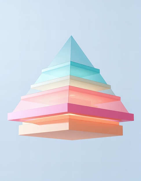 Presenta una pirámide pastel flotante hecha de capas translúcidas cada capa proyectando luz suave sobre el