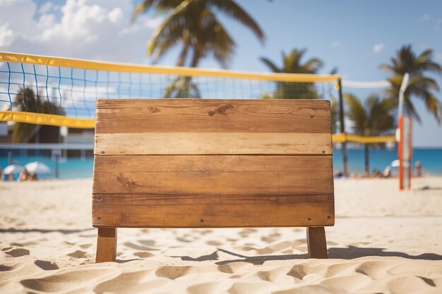 Presenta una tabla de madera contra un juego de voleibol frente a la playa desenfocado