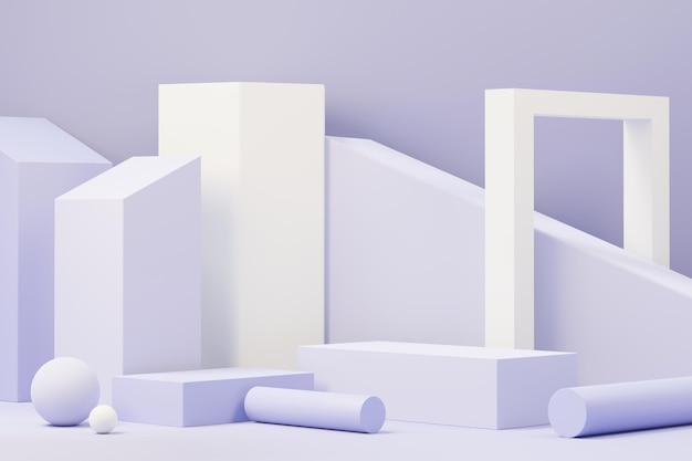 Presentación 3d del podio de belleza con diseño de color Very Peri del año 2022 para presentación de productos y publicidad. Cielo pastel mínimo y escena de tierra de ensueño. Concepto romántico.