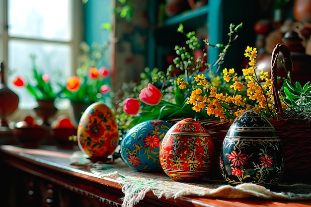 Foto presentación del arte folclórico artesanal de pintar huevos de pascua